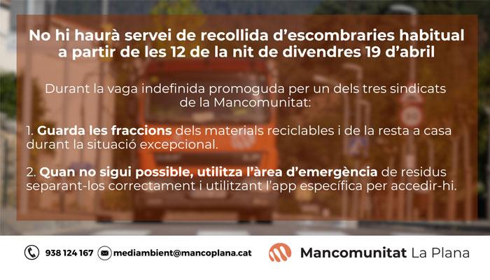 Afectació en el servei de recollida d’escombraries a partir de divendres a la nit per una vaga promoguda per un dels tres sindicats de la Mancomunitat